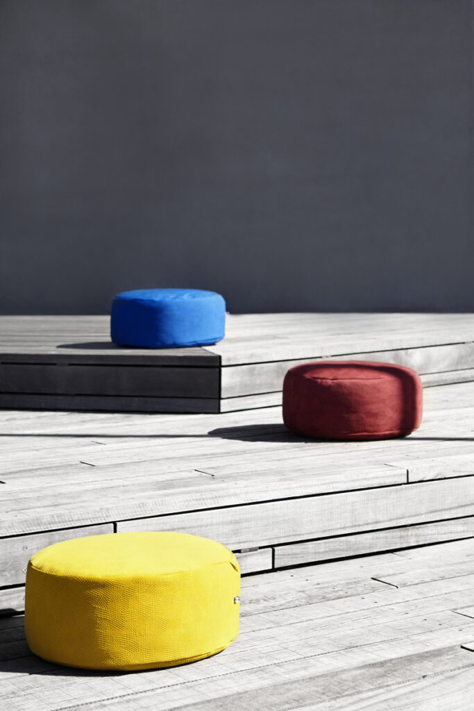 KONTRAST pouf in colour honey, ocean blue and wine on porch by Yndlingsting, a sense of klaeriti, Nele Sienknecht
